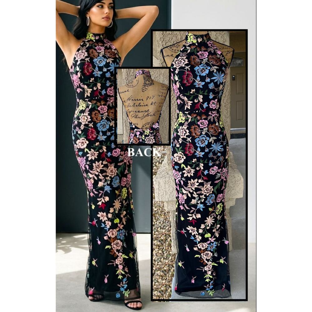 Lulus Black 3D Floral Embroidered Halter Infinite Praise Maxi Dress Size S NEW